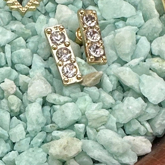 Gold cubic zirconia bar stud earrings/gold pave jewelry/minimalist - Picture 1 of 5